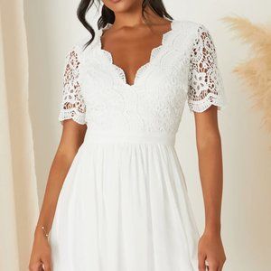 Lulus Angel in Disguise White Lace Short Sleeve V-Neck Skater Dress Size Medium